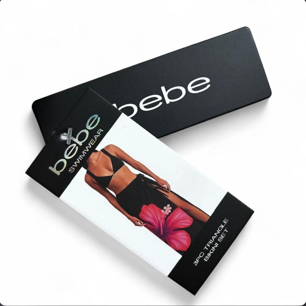 Bebe Hibiscus Three Piece Bikini Serong Set Nwt Black And Pink